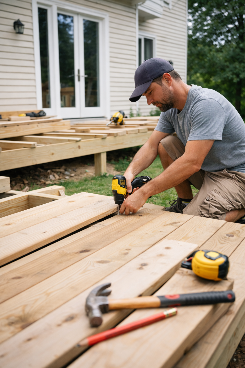 Homeowner building a backyard deck